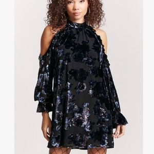 Crushed velvet floral burnout dropped sleeve waistless dress bare shoulder Dress